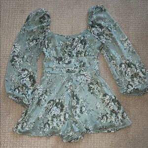 Floral Puff Sleeve Sage Green Romper